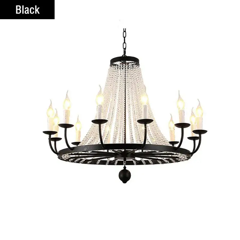 Black wrought iron decorbites crystal chandelier with cascading crystal strands and candle-style bulbs for dining room