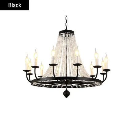 Black wrought iron decorbites crystal chandelier with cascading crystal strands and candle-style bulbs for dining room