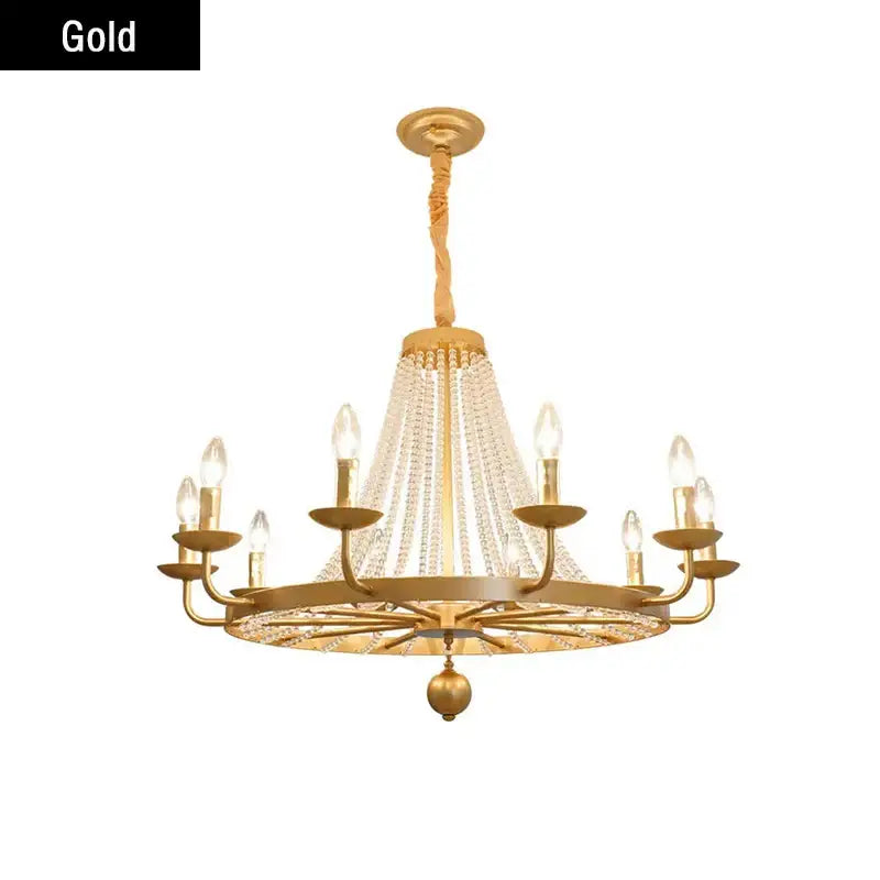 Gold decorbites crystal chandelier with candle-style bulbs and crystal droplets for dining room lighting