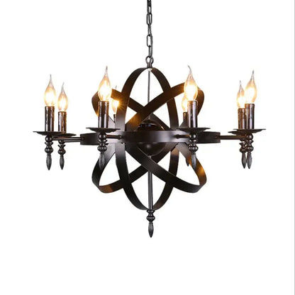 Black decorbites iron chandelier with atomic model design and six lit candle-style bulbs for dining room lighting