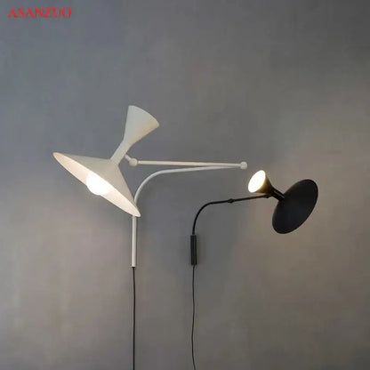 Modern retro industrial wall lamps with dual adjustable arms and white conical and black circular shades for bedroom decorbites american retro