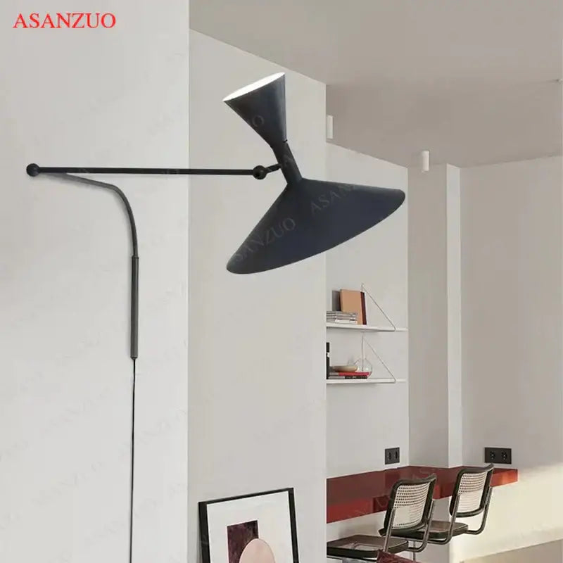 Black matte wall lamp with sleek angular design and curved arm for retro industrial bedroom decorbites american retro wall lamps