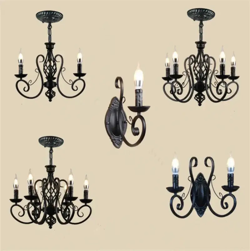 Retro industrial black wrought iron chandelier and wall sconces with ornate scrollwork for living room decorbites black wrought
