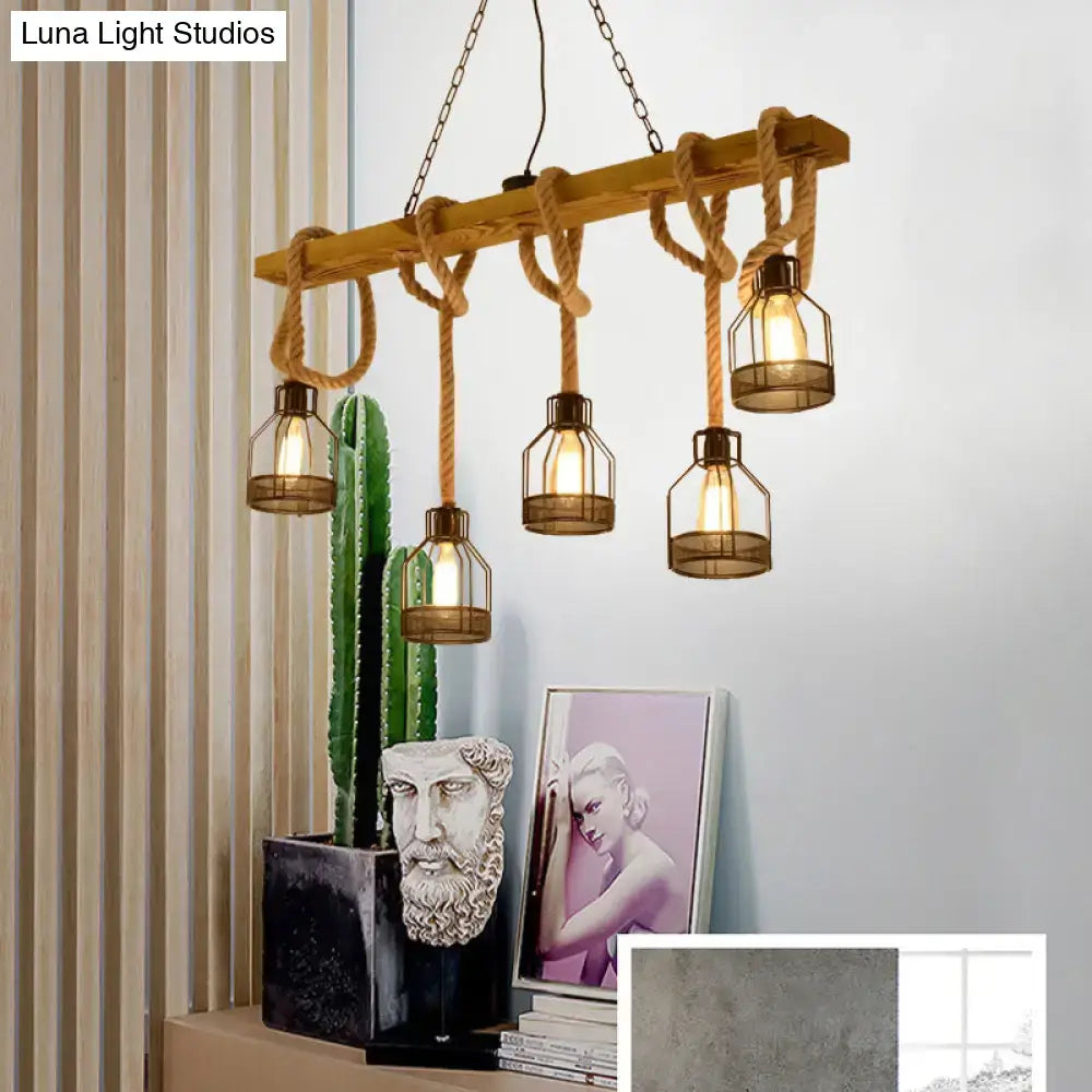Rustic wooden beam chandelier with adjustable rope suspension and metal cage lights in brown for led incandescent fluorescent bulbs compatible with 220v-240v 110v-120v