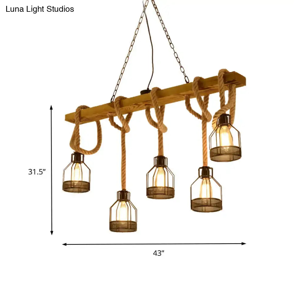Decorbites retro industrial 5-head hanging light with adjustable rope brown wood rope metal cage bulbs compatible with led incandescent fluorescent 220v-240v 110v-120v