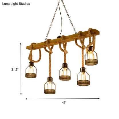 Decorbites retro industrial 5-head hanging light with adjustable rope brown wood rope metal cage bulbs compatible with led incandescent fluorescent 220v-240v 110v-120v