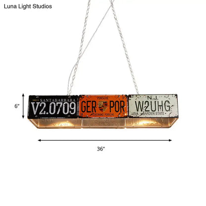 A rustic 36-inch decorbites retro industrial metal pendant light fixture with three vintage license plates 220v-240v 110v-120v
