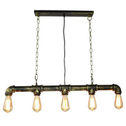 Retro industrial metal tubular island dining room light with dark rustic pipe design and five exposed bulb edison bulbs