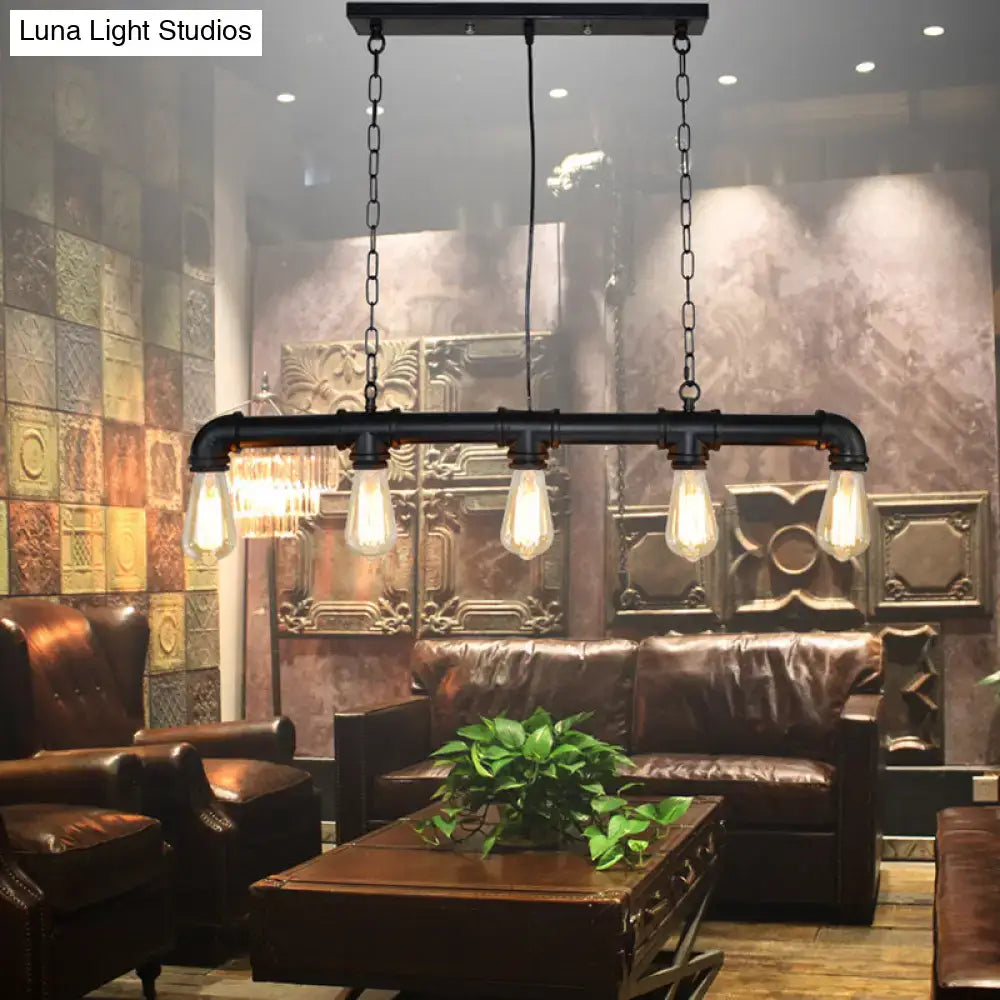 Retro industrial metal tubular island exposed bulb dining room light with black pipe pendant and four filament bulbs