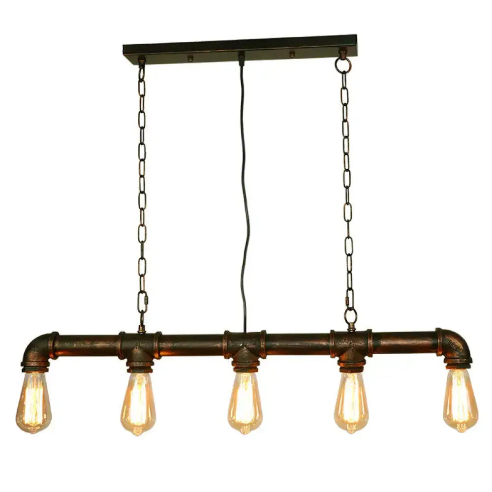 Retro industrial metal tubular island dining room light with dark bronze frame and five exposed bulb edison fixtures