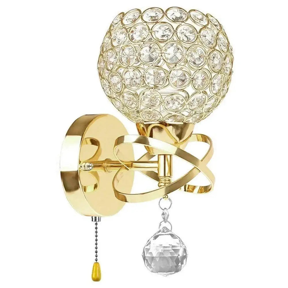 Gold-finished retro industrial wall lamp with spherical crystal globe and faceted pendant for decorbites crystal wall decor