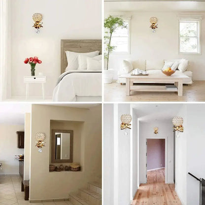 Gold-toned crystal wall lamp with spherical faceted glass globe and dangling clear crystals for living room decorbites crystal wall