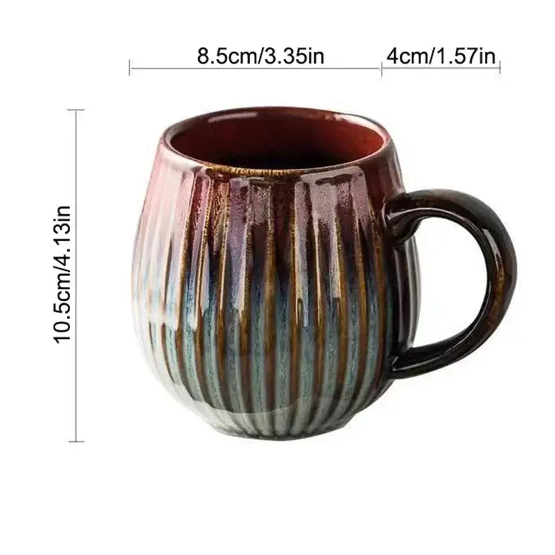 Retro japanese ceramic coffee mug with glossy ribbed surface and gradient glaze from deep brown to teal and white