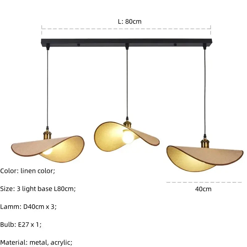 Modern pendant light with three linen-colored acrylic leaf shades and brass hardware from decorbites hat pendant collection