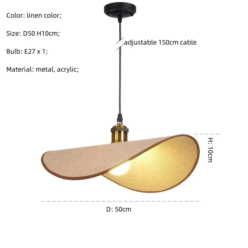 Linen-colored decorbites hat pendant light with curved fabric shade and metal hardware for dining room decor