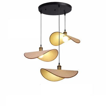 Modern decorbites hat pendant light with three curved beige fabric shades and black circular ceiling mount for dining room decor