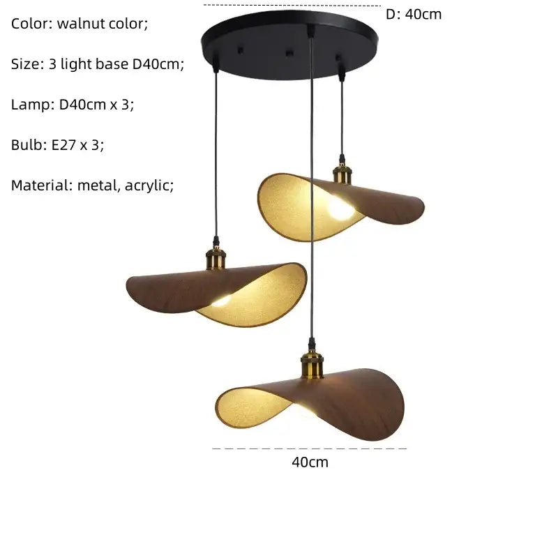 Modern walnut-colored decorbites hat pendant light with three curved acrylic lampshades and metal fixtures for dining room