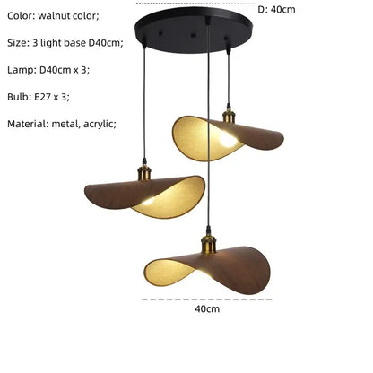 Modern walnut-colored decorbites hat pendant light with three curved acrylic lampshades and metal fixtures for dining room
