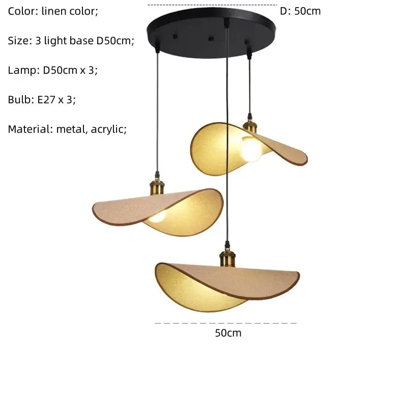 Modern pendant light with three linen leaf-shaped acrylic shades suspended from a black metal decorbites hat pendant base