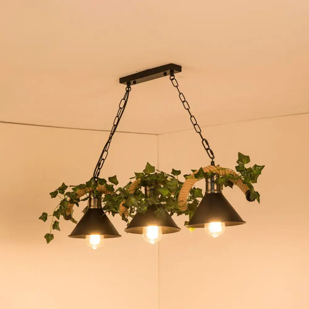 Decorbites™ black retro metal pendant light with three conical shades, green ivy, and woven rope accents