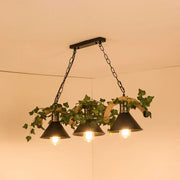 Decorbites™ black retro metal pendant light with three conical shades, green ivy, and woven rope accents
