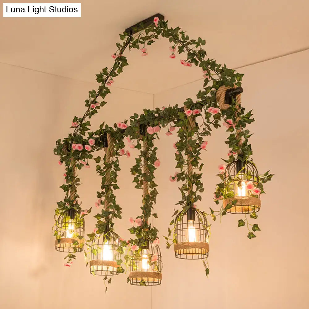 Decorbites black retro metal pendant light featuring five birdcage lights with woven rope and floral vines