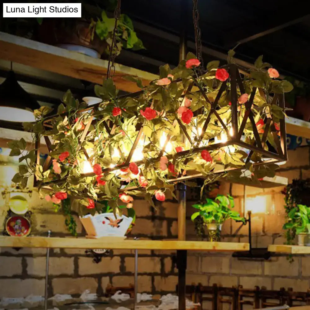 DecorBites™ black retro metal pendant light with rustic frame, artificial green vines, and red roses for industrial decor