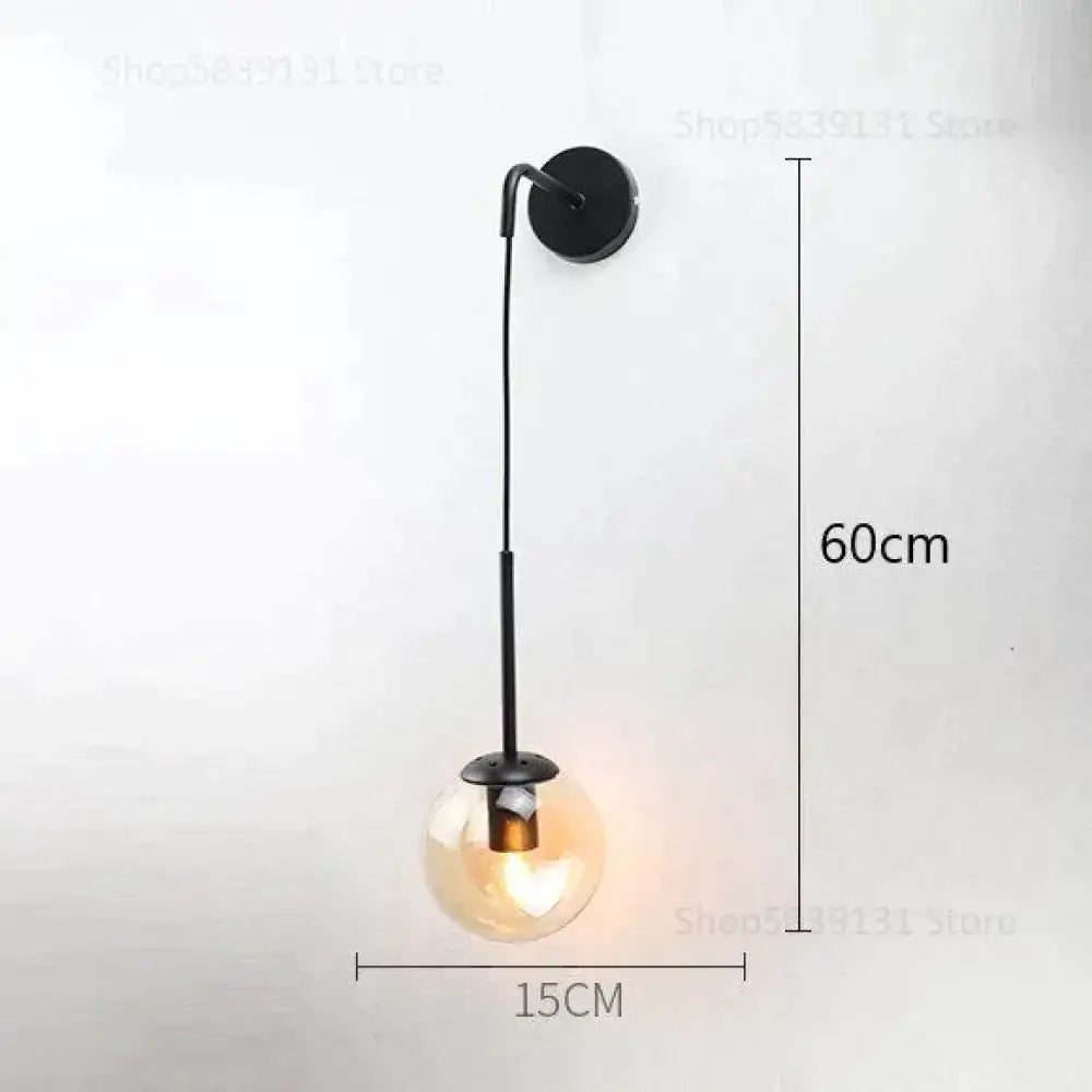 Black metal wall lamp with retro modern glass smoked globe for nordic retro modern bedroom lighting