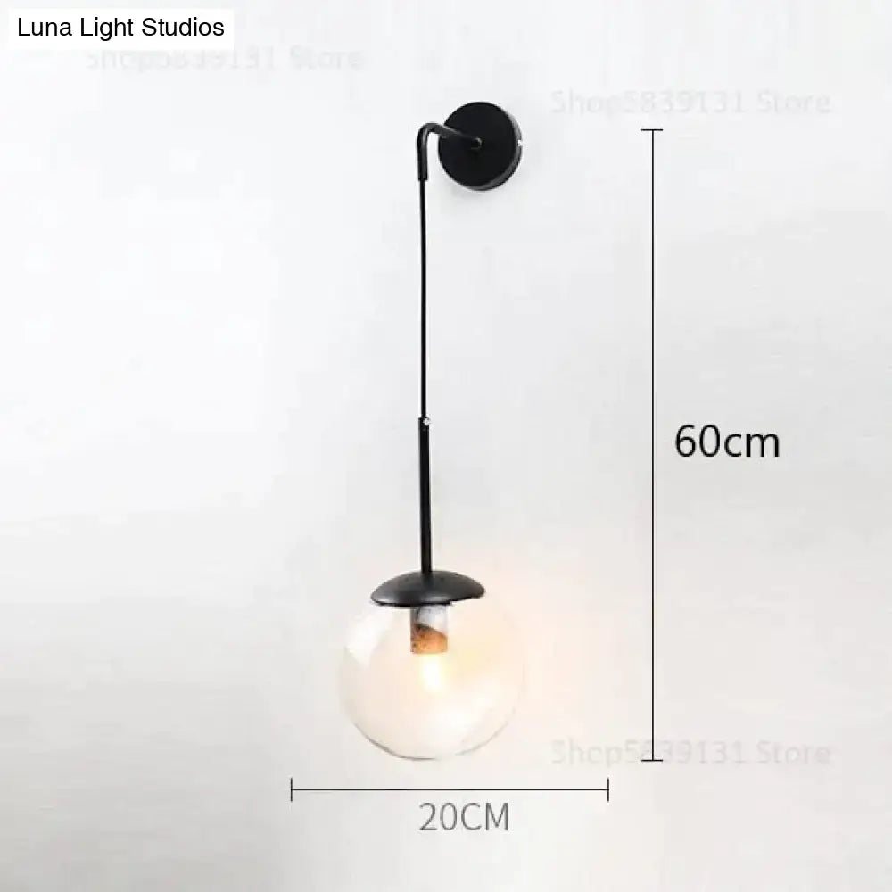 Black metal wall lamp with retro modern glass smoked globe for nordic retro modern bedroom lighting