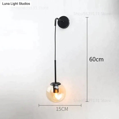 Black metal wall lamp with retro modern glass smoked globe designed for nordic bedroom lighting