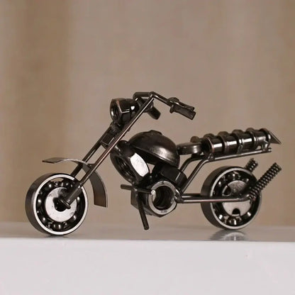 Black metal retro motorcycle model figurine crafted from repurposed industrial parts for living room decor