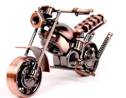 Copper-toned metal figurine of a retro motorcycle model chopper crafted from nuts bolts and springs for living room decor