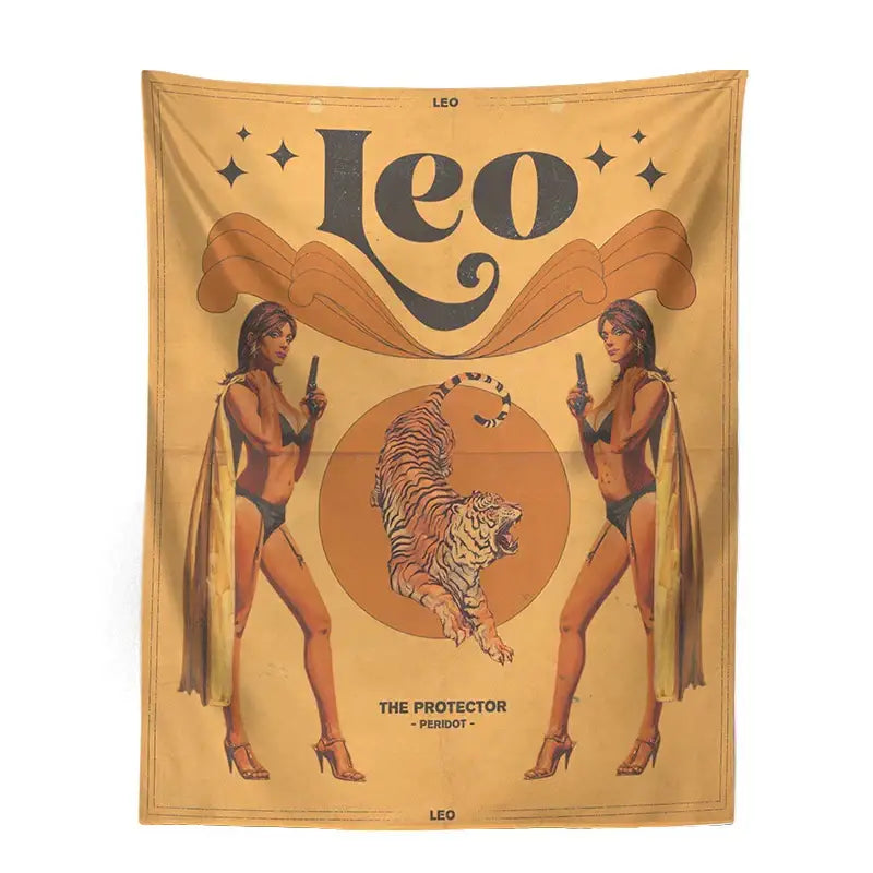 Vintage-style retro mustard constellation tarot tapestry with leo lettering, illustrated women, and central tiger wall art