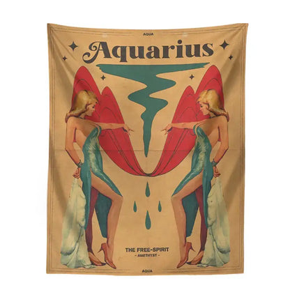 Vintage-style mustard retro zodiac constellation tarot tapestry featuring two blonde women with red wings by Aqua