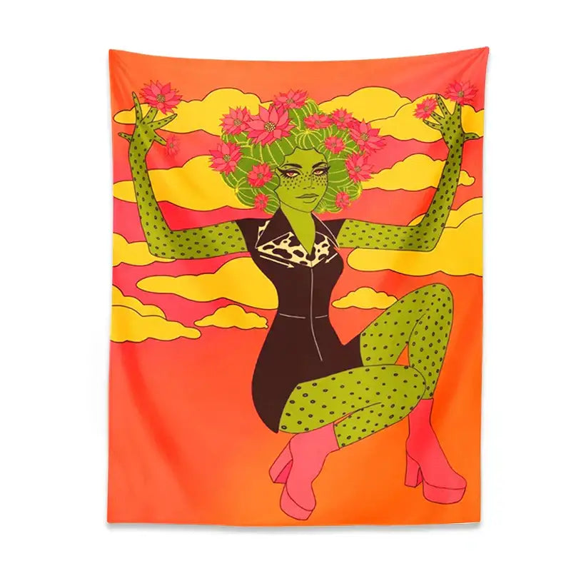 Retro orange and green cactus girl tapestry featuring a stylized cactus woman in black polka-dot attire for bedroom decorbites cactus girl wall decor