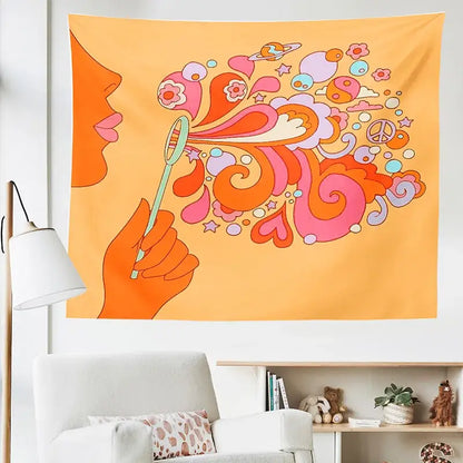 Retro orange colorful bubbles tapestry featuring a face blowing psychedelic swirls for bedroom wall decorbites decor