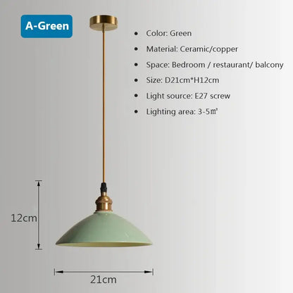 A sleek mint-green ceramic pendant light with a copper decorbites brass chandelier frame for dining room decor