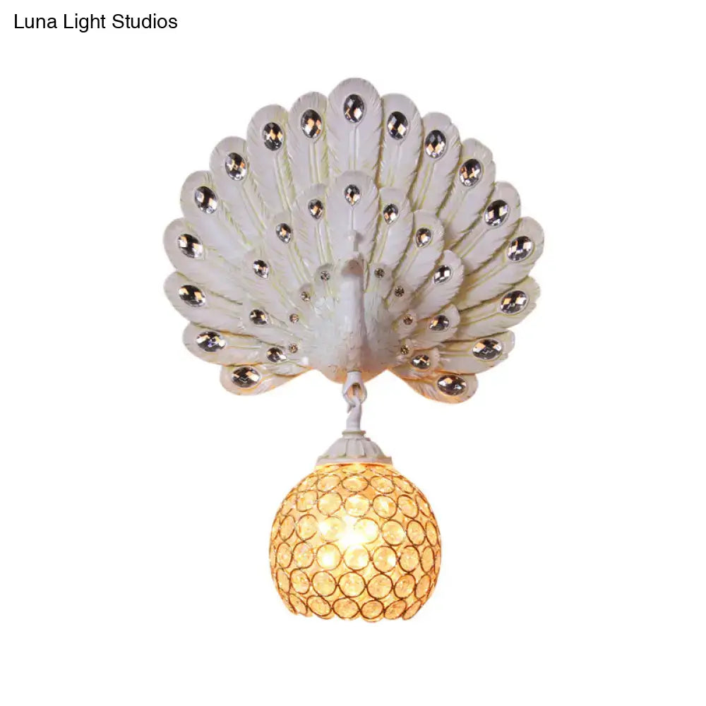 Retro peacock silver and white wall lamp with clear crystal rhinestones and a peacock backplate for living room use