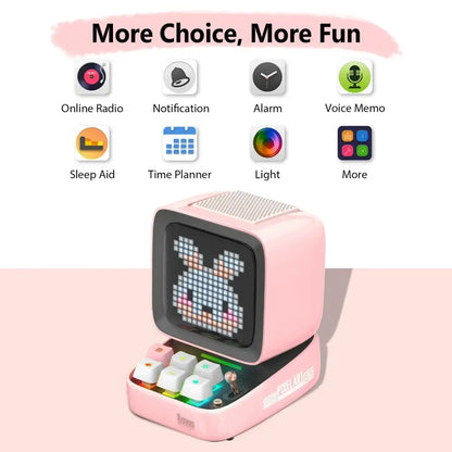 Retro pink pixel art alarm clock speaker with pixelated rabbit display and colorful keyboard keys for bedroom decor