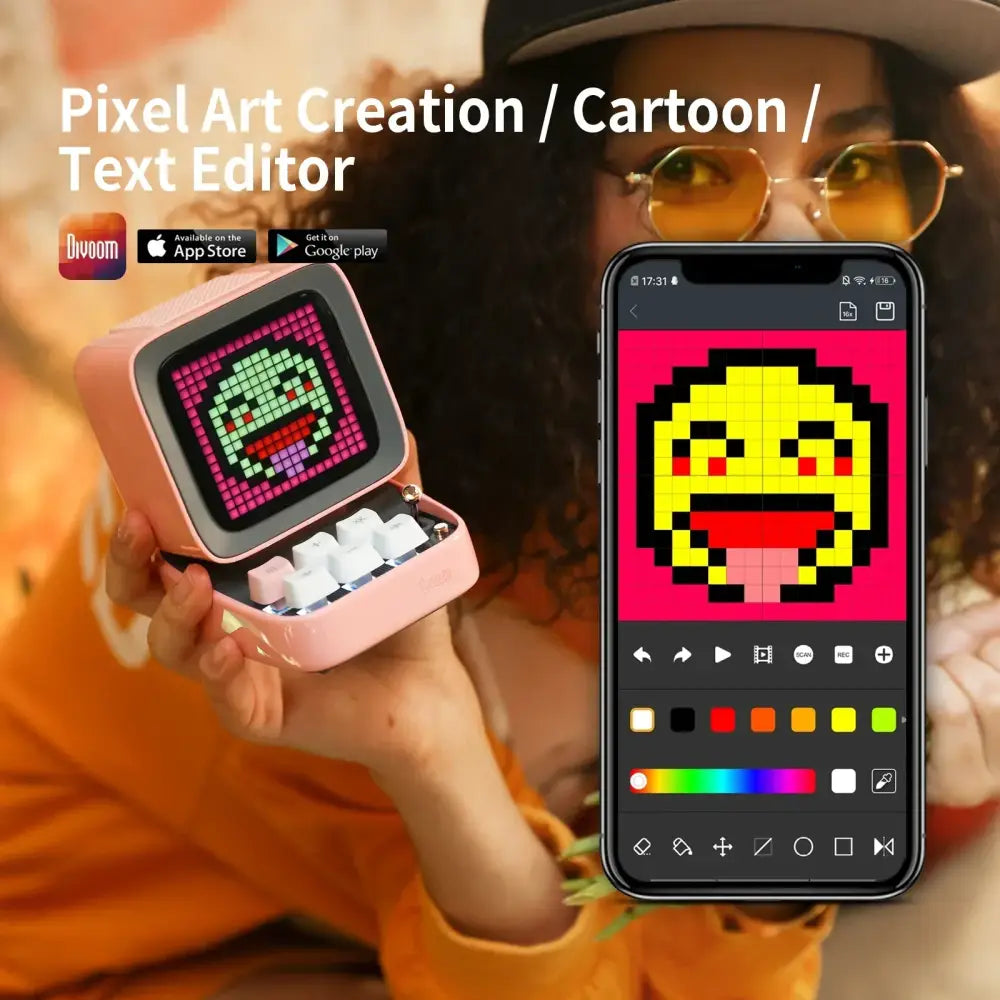 Retro pink pixel art speaker with led display and open case showing a green cartoon face and white keys for bedroom decor