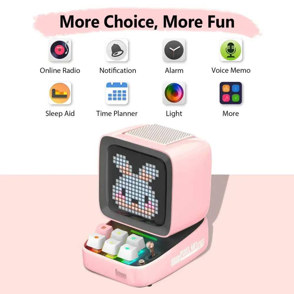 Retro pink pixel game alarm clock with led light featuring a digital music player and colorful keyboard keys