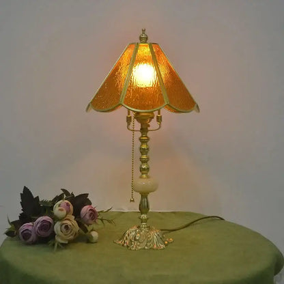 Retro pink stained glass brass desk lamp with textured amber glass shade and ornate base for vintage decorbites brass desk lamp