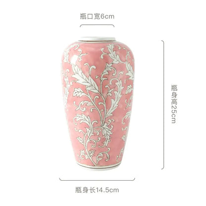Retro pink and white porcelain vase with intricate floral patterns and glossy finish for living room decorbites blue white style