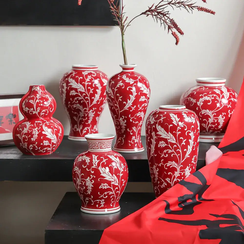 Retro pink and white porcelain vase with red ceramic and white floral patterns for living room decorbites blue white style