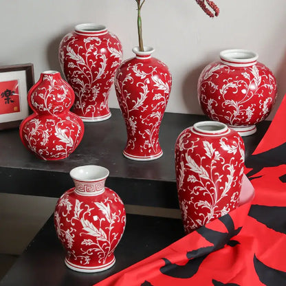 Red ceramic vases with white floral patterns and decorative rims for living room decorbites blue white porcelain style