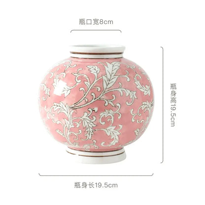 Retro pink and white porcelain vase with intricate floral patterns for living room decorbites blue white accents