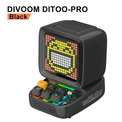Black divoom ditoo pro pixel art bluetooth speaker with led display board showing smiling face and rainbow keys