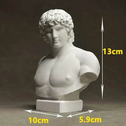 White marble retro plaster sculpture of a muscular male bust with curly hair for decorbites antinous retro decor