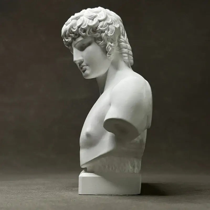 White marble retro plaster sculpture bust of a young man with curly hair for decorbites antinous retro decor