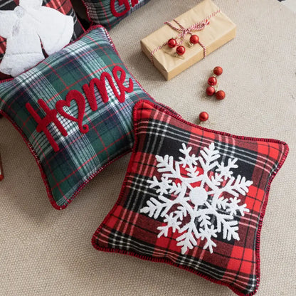 Red and black plaid pillow case with white snowflake jingle bell appliqué for retro living room decor